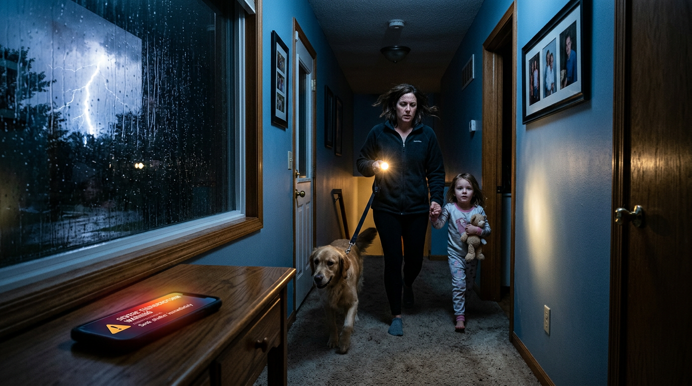 A parent leading a child and dog down a dark hallway by flashlight during a nighttime thunderstorm as a phone displays a tornado warning