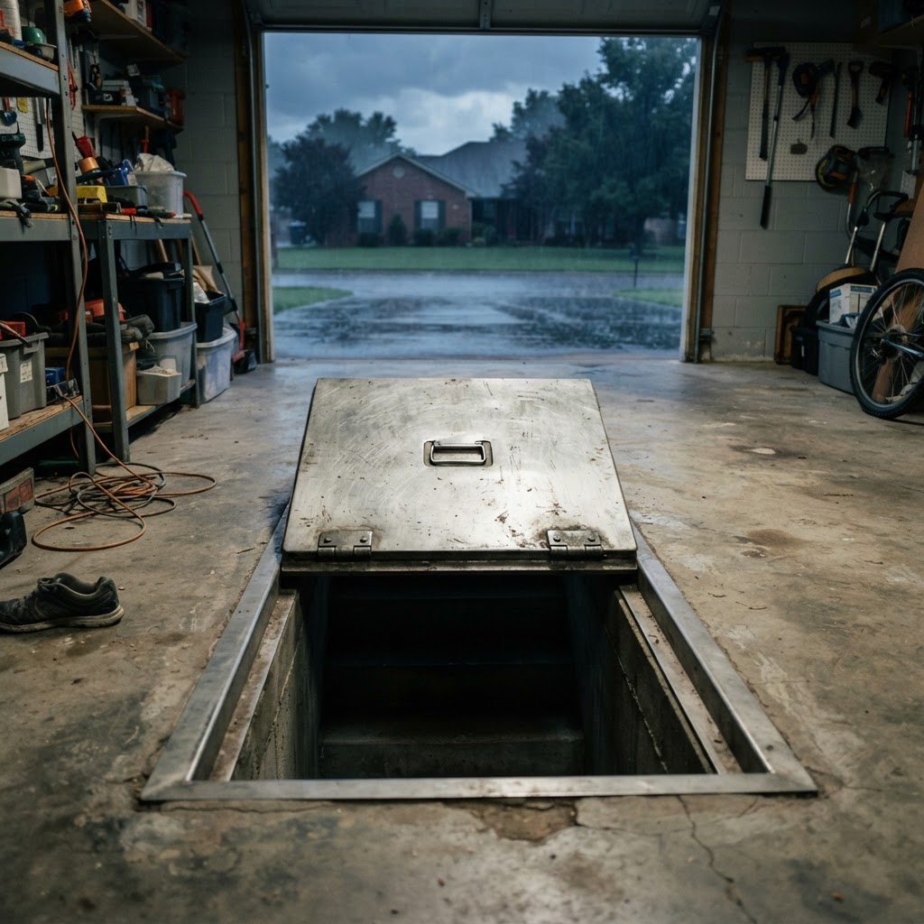 An above-ground steel safe room and an underground shelter hatch shown side by side in a residential garage