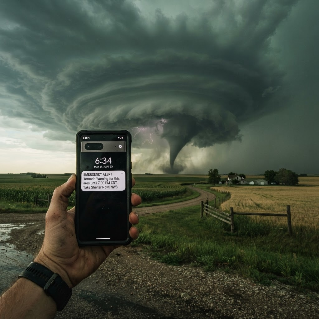 A menacing supercell thunderstorm with a developing tornado over a rural landscape as a smartphone shows an emergency weather alert